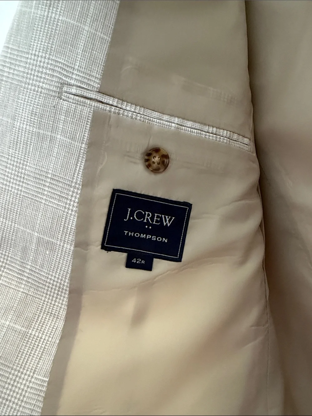 J. Crew Thompson Linen Blazer 42R Beige Glen Plaid Sport Coat Suit Jacket Mens